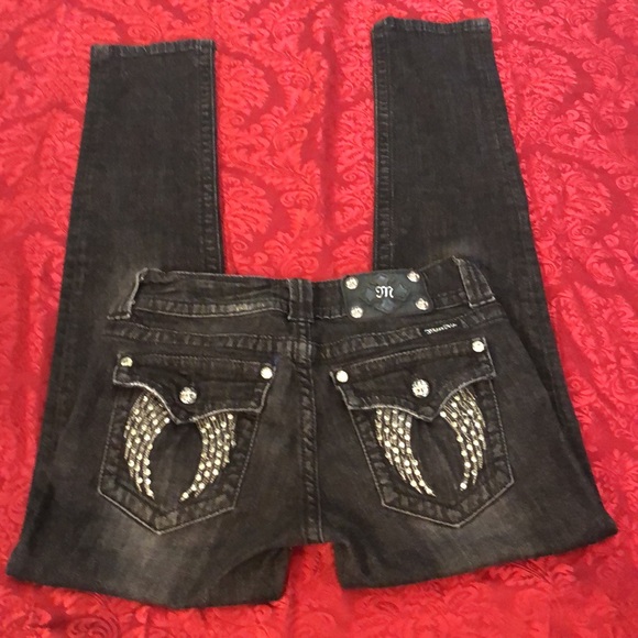 Miss Me Sz 28 angel wing embellished black skinny jeans w/factory distressing 🧿 - Picture 6 of 16